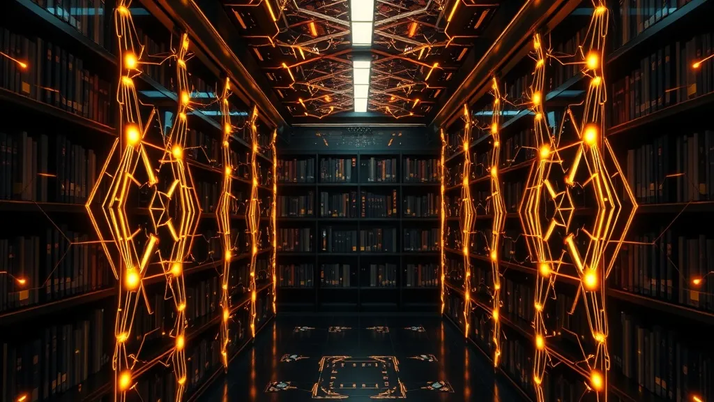 High-tech digital library with glowing geometric patterns, n