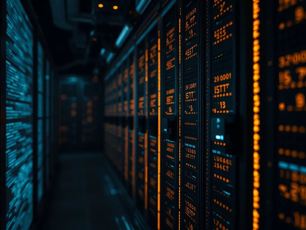High-tech server room with glowing data lines, macro shot of